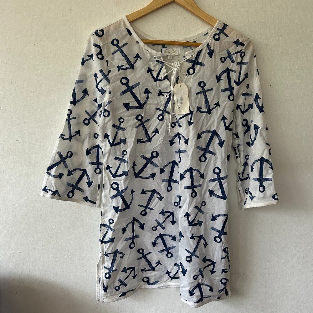 Mudpie Swim Coverup Womens Small NWT Anchors Nautical V-neck Long Sleeve‎ Modest